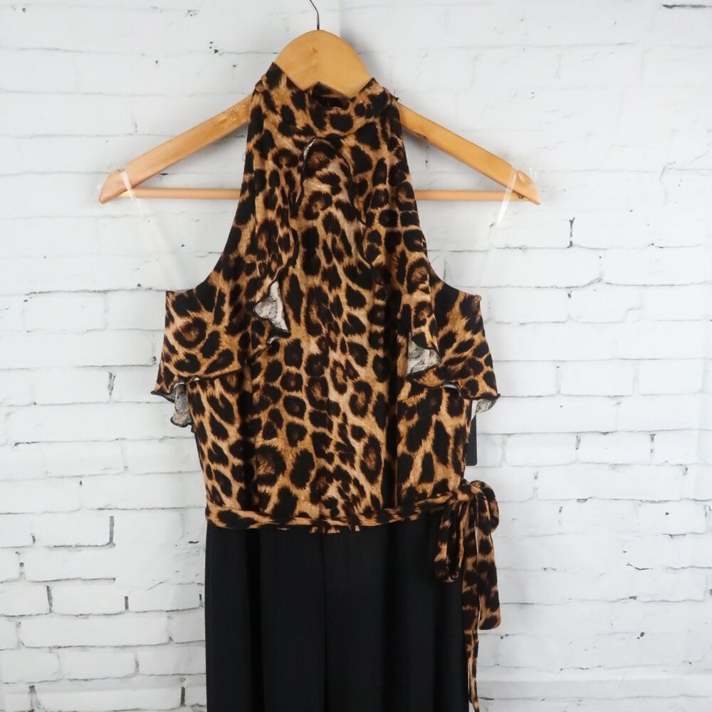 BEBE ANIMAL PRINT HIGH NECK RUFFLE HALTER WIDE LEG JUMPSUIT SIZE 8 NWT - Picture 7 of 10